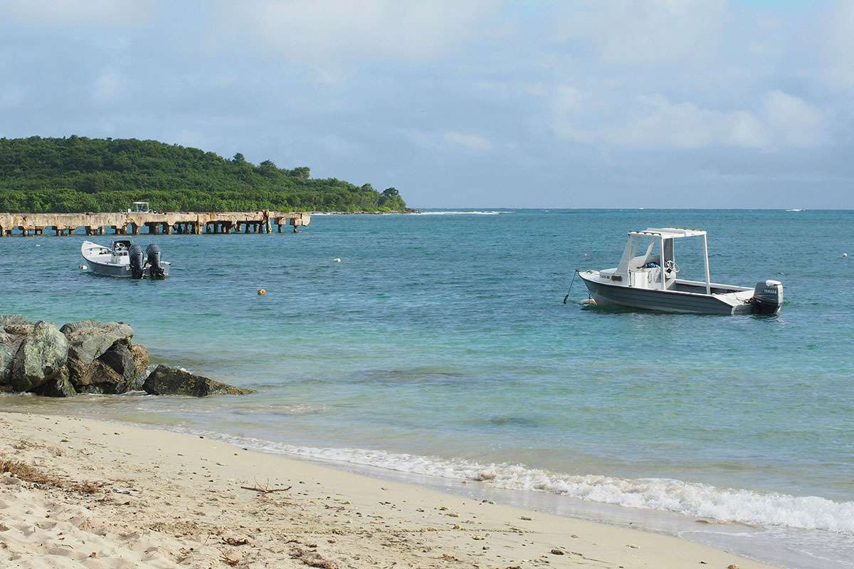 boats in the water at a sandy beach in Vieques