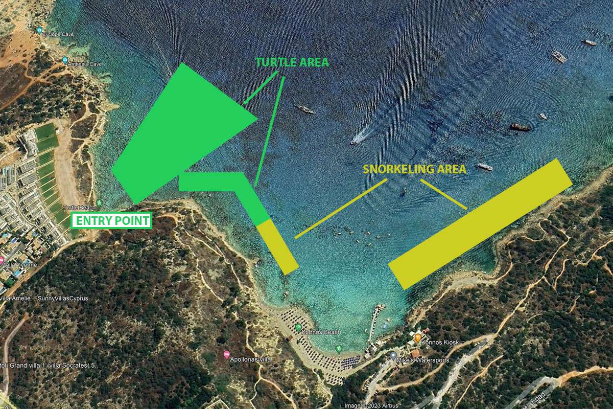 Konnos Beach snorkeling map