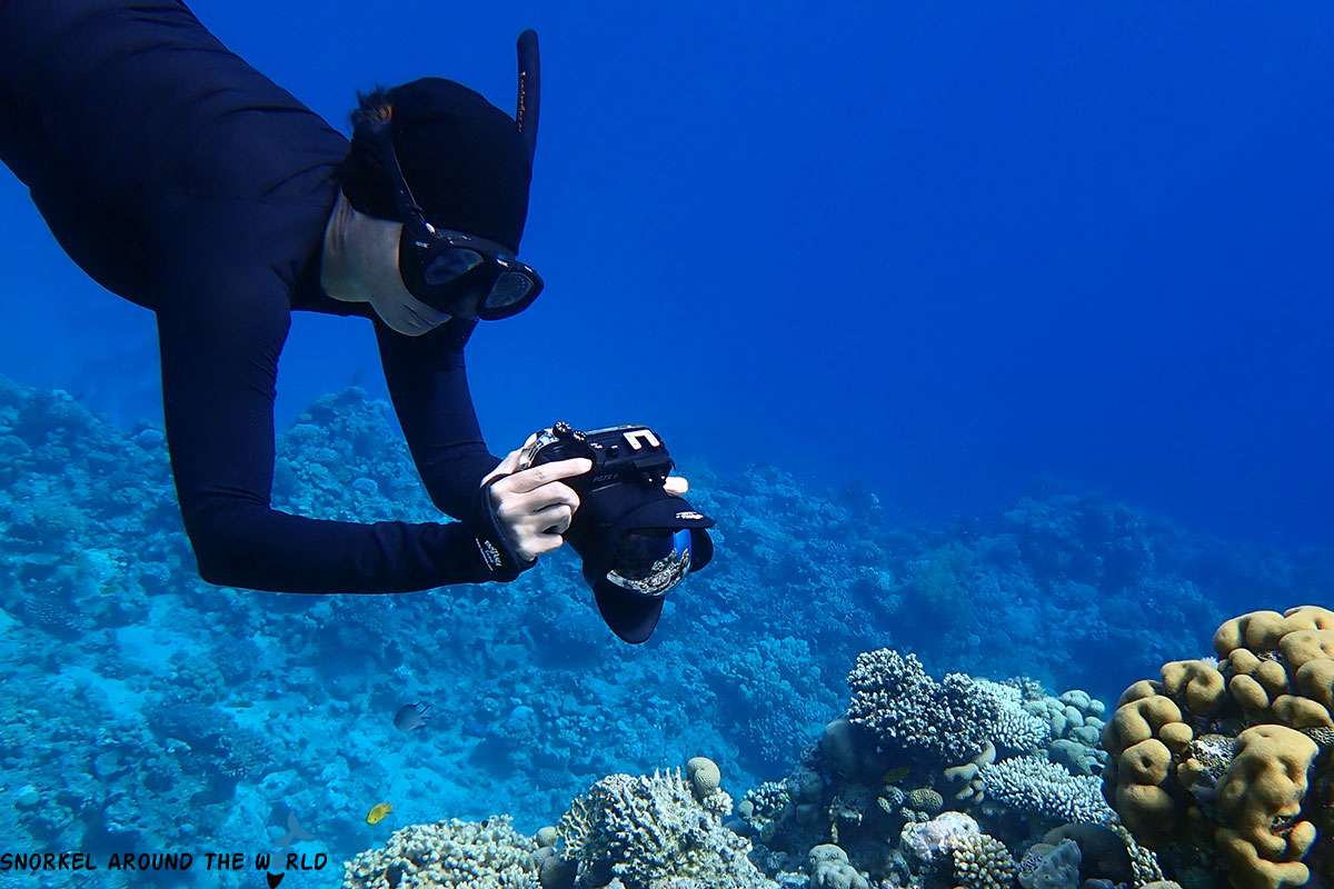 snorkeler taking underwater photos with a camera in housing