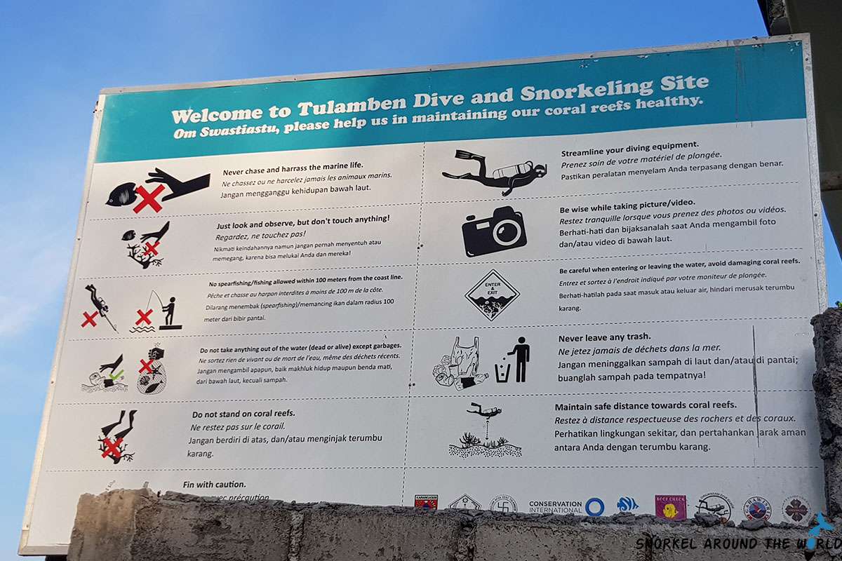 Introduction sign at Tulamben shipwreck snorkeling and diving site