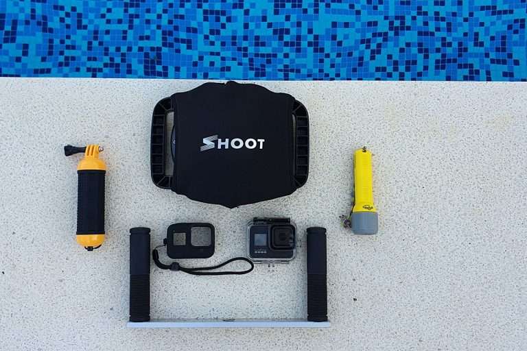 GoPro accessories next to a swimming pool